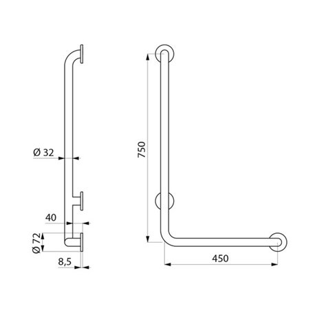 Barre de maintien en L 5070DS UltraSatin H 750 mm, à droite