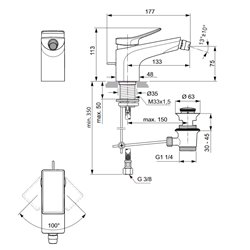 Mitigeur bidet monotrou BC760A2 Check or brossé, avec tirette et vidage bonde métal