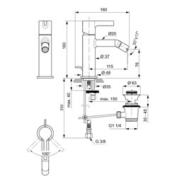 Mitigeur bidet monotrou BC784A2 Joy or brossé, avec tirette et vidage bonde métal