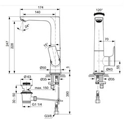 Mitigeur lavabo A7020A5 Connect Air bec haut, gris magnétique, tirette et vidage bonde métal