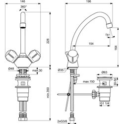 Mélangeur lavabo monotrou D1603AA Ulysse tête 1/2 à clapet guidé, tirette et vidage bonde polypropylène à clapet rentrant