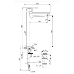 Mitigeur lavabo monotrou A6574AA Tesi réhaussé tirette et vidage bonde métal