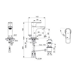 Mitigeur lavabo monotrou A7017AA Piccolo Connect Air chrome, tirette et vidage bonde métal