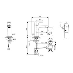 Mitigeur lavabo monotrou A7008A5 Connect Air gris magnétique, tirette et vidage bonde métal