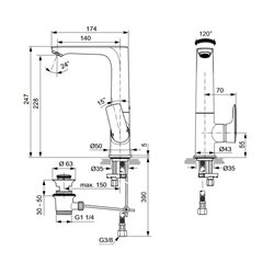 Mitigeur lavabo A7020GN Connect Air bec haut, gris orage, tirette et vidage bonde métal