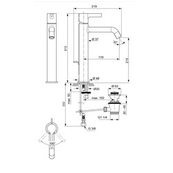 Mitigeur lavabo monotrou BC781GN Joy réhaussé, gris orage, tirette et vidage bonde métal