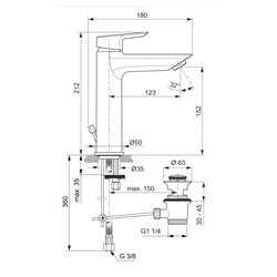 Mitigeur lavabo monotrou A6564AA Grande Tesi avec tirette et vidage bonde métal