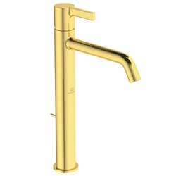 Mitigeur lavabo monotrou BC781A2 Joy réhaussé, or brossé, tirette et vidage bonde métal