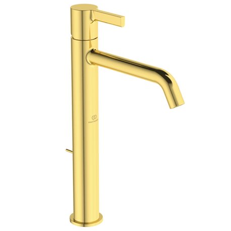 Mitigeur lavabo monotrou BC781A2 Joy réhaussé, or brossé, tirette et vidage bonde métal