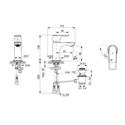 Mitigeur lavabo monotrou A7017A2 Piccolo Connect Air or brossé, tirette et vidage bonde métal