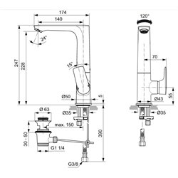 Mitigeur lavabo A7020A2 Connect Air bec haut, or brossé, tirette et vidage bonde métal