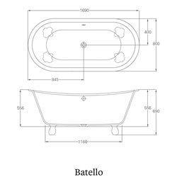 Baignoire sur pied Batello N10CS 169x80 cm, 151 Litres