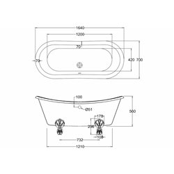 Baignoire Bateau T10F 164x70 cm, 99 Litres