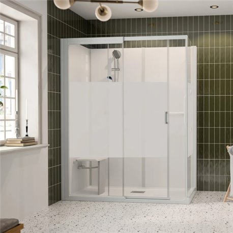 Cabine de douche Kinemagic Sérénité + Mécanique en angle 170/187 x 79/96 cm verre bande centrale dépolie