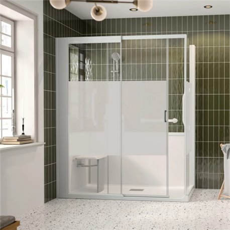 Cabine de douche Kinemagic Sérénité + Thermostatique en angle 140/157 x 69/86 cm verre bande centrale dépolie