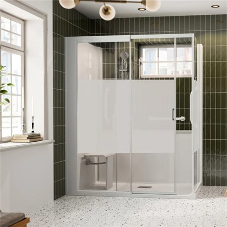 Cabine de douche Kinemagic Sérénité + Thermostatique en angle 170/187 x 69/86 cm verre bande centrale dépolie