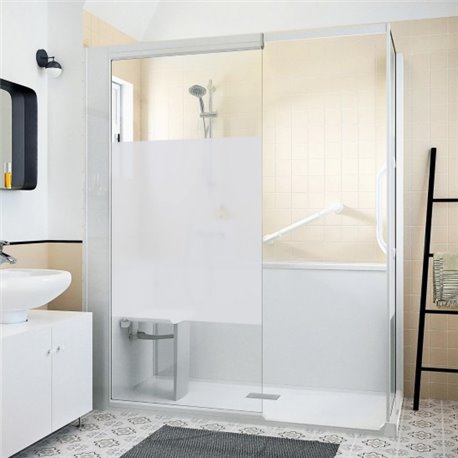 Cabine de douche Kinemagic Sérénité Thermostatique en angle espace ouvert 140/157 x 69/86 cm verre bande centrale dépolie