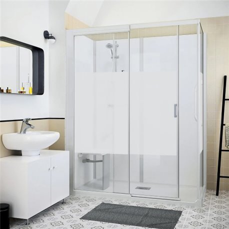 Cabine de douche Kinemagic Sérénité Thermostatique en angle à porte 140/157 x 79/86 cm verre bande centrale dépolie