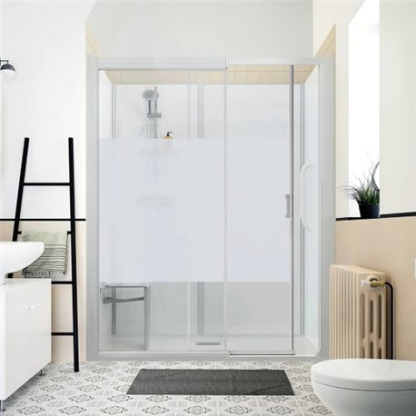 Cabine de douche Kinemagic Sérénité Thermostatique en niche à porte 140/157 x 69/86 cm verre bande centrale dépolie