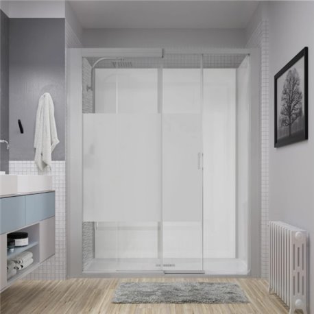 Cabine de douche Kinemagic Design Thermostatique en niche porte coulissante 160/177 x 69/86 cm verre bande centrale dépolie Cabine de douche Kinemagic Design Thermostatique en niche porte coulissante 160/177 x 69/86 cm verre bande centrale dépolie