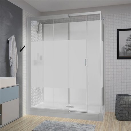 Cabine de douche Kinemagic Design Thermostatique en angle porte coulissante 140/157 x 69/86 cm verre bande centrale dépolie Cabine de douche Kinemagic Design Thermostatique en angle porte coulissante 140/157 x 69/86 cm verre bande centrale dépolie