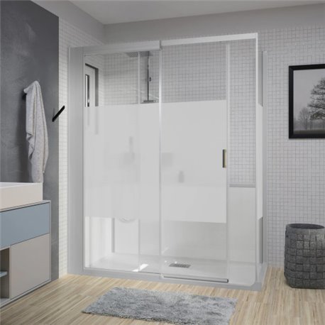 Cabine de douche Kinemagic Design Thermostatique en angle porte coulissante 100/117 x 69/86 cm verre bande centrale dépolie