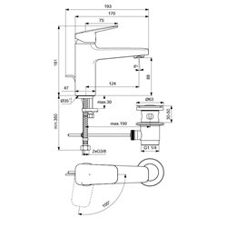 Mitigeur lavabo Grande Blue Start Ceraplan avec tirette et vidage H 161 mm