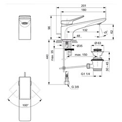 Mitigeur lavabo monotrou Check or brossé, tirette et vidage bonde métal