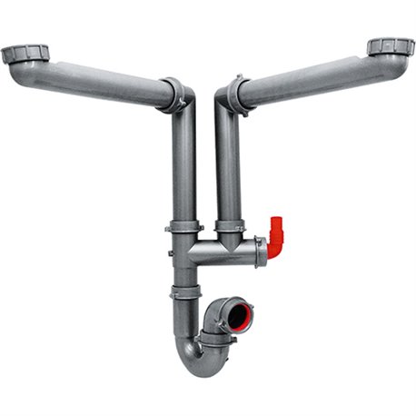Tubulure pour évier 2 cuves, avec siphon et prise lave-vaisselle