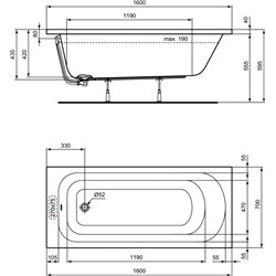 Baignoire rectangulaire Ulysse 160x70 cm 190 Litres