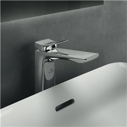 Mitigeur lavabo monotrou Check réhaussé, chrome, tirette et vidage bonde métal