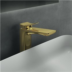 Mitigeur lavabo monotrou Check réhaussé, or brossé, sans tirette ni vidage