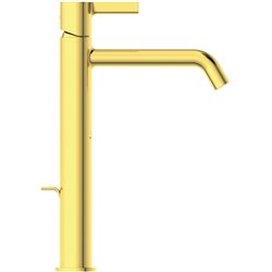 Mitigeur lavabo monotrou Joy réhaussé, or brossé, tirette et vidage bonde métal