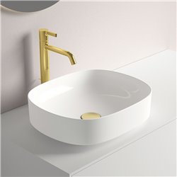 Mitigeur lavabo monotrou Joy réhaussé, or brossé, tirette et vidage bonde métal