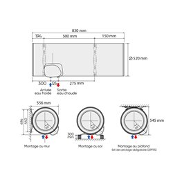 Chaufféo Horizontal mural raccord dessous 100 L 556x830x520 mm