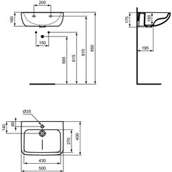 Lavabo HygienIQ antisplash 50x40 cm arrête Hydrofin