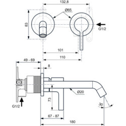 Mitigeur lavabo mural Joy 2 trous, bec 180 mm, Gris magnétique