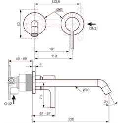 Mitigeur lavabo mural Joy 2 trous, bec 220 mm, Chromé