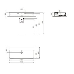 Lavabo Conca 100x45 cm avec trop-plein, sans trou de robinetterie