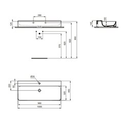 Lavabo Conca 100x45 cm sans trop-plein, avec trou de robinetterie