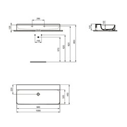 Lavabo Conca 100x45 cm sans trop-plein, sans trou de robinetterie