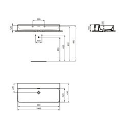 Lavabo Conca 100x45 cm avec trop-plein, sans trou de robinetterie