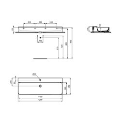 Lavabo Conca 120x45 cm sans trop-plein, avec trou de robinetterie
