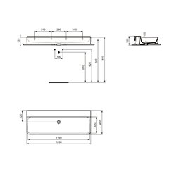 Lavabo Conca 120x45 cm sans trop-plein, sans trou de robinetterie
