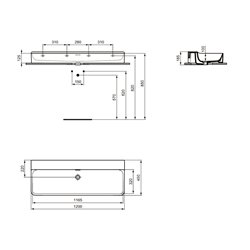 Lavabo Conca 120x45 cm avec trop-plein, sans trou de robinetterie