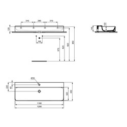 Lavabo Conca 120x45 cm sans trop-plein, avec trou de robinetterie