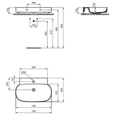 Lavabo Linda-X 75x50 cm sans trop-plein, avec trou de robinetterie