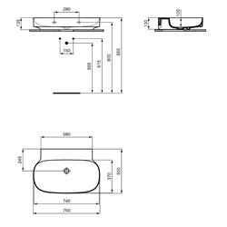 Lavabo Linda-X 75x50 cm sans trop-plein, sans trou de robinetterie