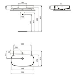 Lavabo Linda-X 75x50 cm sans trop-plein, avec trou de robinetterie