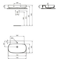 Lavabo Linda-X 75x50 cm sans trop-plein, avec trou de robinetterie